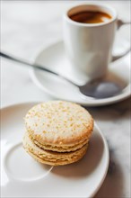 Photo with shallow depth of field of macaron with salted caramel on a white saucer