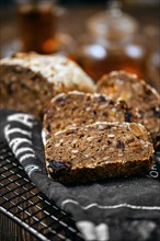 Close up view of artisan rye bread with dried apricots