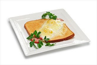Layout for menu. Fried egg with ham on piece of bread