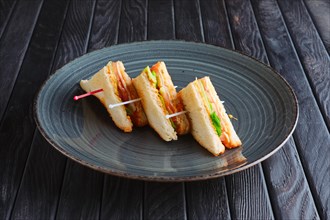 Appetizer for reception. Three mini club sandwich on plate