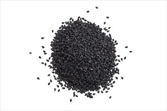 Top view of scattered black sesame seeds isolated on white background
