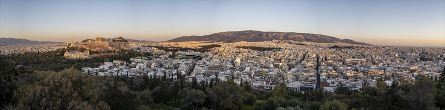 PanoramaView from Philopappos Hill over the city at sunset