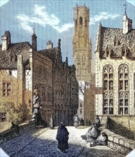 The bridge Le Pont Saint-Jean and the tower Belfry in Bruges around 1882