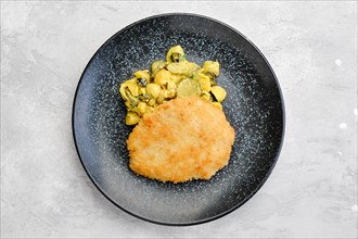 Top view of pork schnitzel with potato and pickled cucumber in mustard sauce