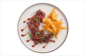 Beef tartare with fried potato isolated on white background