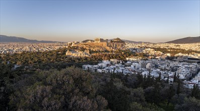 View from Philopappos Hill over the city at sunset