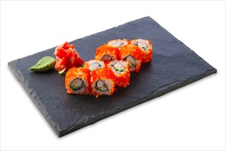 Portion of tobiko maki with caviar isolated on white background
