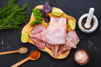 Top view of raw fresh unpeeled squid on wooden cutting board with spice and herbs
