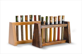 Kitchen test-tubes spice rack. Variety of spices in test tubes