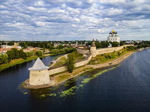 Aerial of the kremlin of the Unesco site Pskov