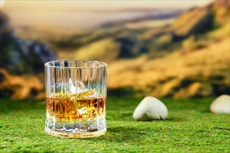 Facetted glass of strong scotch single malt whisky on mossy background