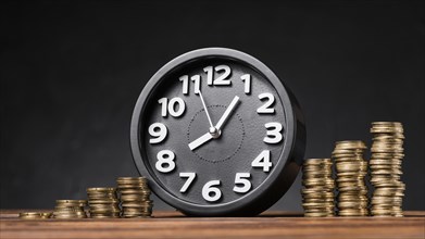 Round clock between the increasing coins on wooden desk against black backdrop