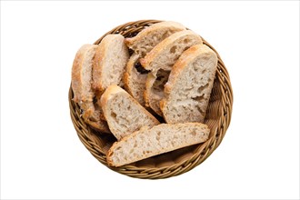 Top view of white bread in basket isolated on white
