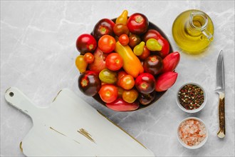 Top view of plate with colourful tomatoes