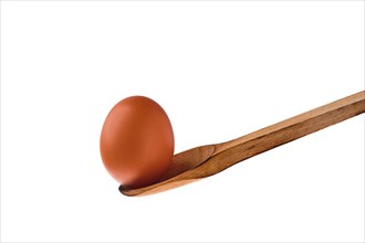 Closeup view of brown chicken egg balancing on wooden spoon isolated on white background