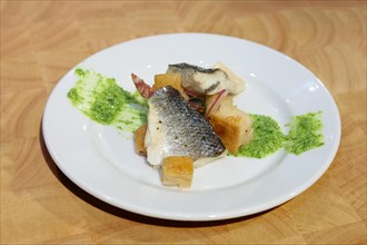 Tasty fish with crackers and green sauce on plate on wooden background. Selective focus photo