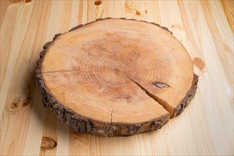 Round slab of wood lying on planks