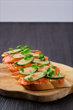 Sandwich with salmon on wooden plate on dark wooden table with copy spase