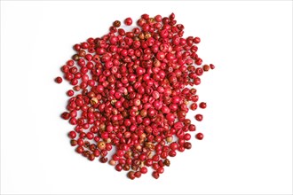 Heap of dry pink pepper on white background