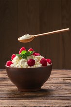 Wooden spoon with sour cream over clay plate with fresh cottage cheese with raspberries and mint