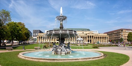 Schlossplatz with fountain travelling Panorama City in Stuttgart