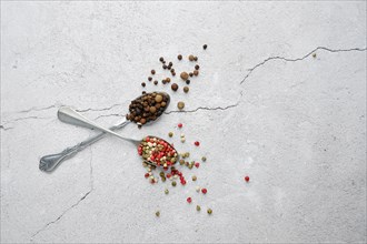 Two crossed spoons with different kinds of pepper on concrete background