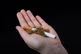 Hand is breaking a cigarette on a black background
