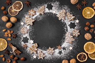 Top view gingerbread cookies wreath with dried citrus nuts. Resolution and high quality beautiful photo
