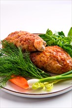 Stuffed chicken thigh decorated with spring onion