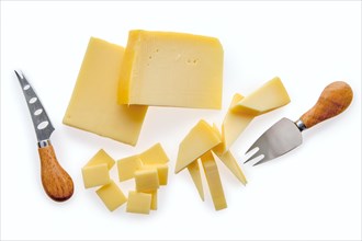 Top view of two kind of semi-soft cheese isolated on white background