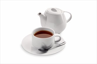 Ceramic tea cup and pot with Dilmah tea isolated on white