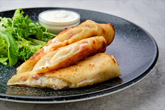 Closeup view of thin crepe stuffed with melted cheese and ham on a plate