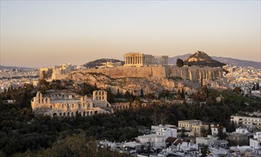 View from Philopappos Hill over the city at sunset