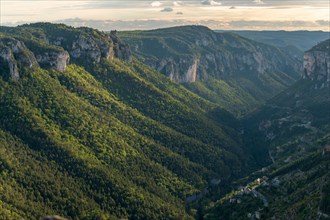 View of the Gorges de la Jonte and the village of Le Truel in the Cevennes National Park. Aveyron