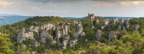 Rocks with strange shapes in the chaos of Montpellier-le-Vieux in the cevennes national park. Panorama