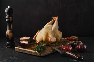 Raw whole chicken with spices on wooden cutting board