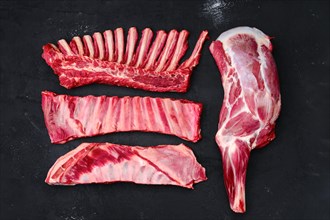 Assortment of fresh raw lamb cuts on dark background