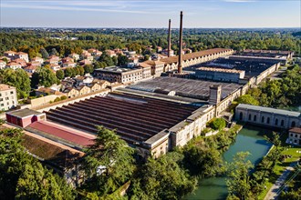 Aerial of the Unesco world heritage site "company town". Crespi dÂ´Adda