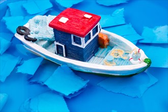 Little model fishing boat in water with torn paper on a blue background