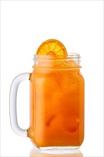 Cold orange lemonade in mason jar isolated on white background