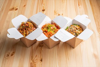 Variety of noodle in take away cardboard box