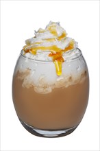 Transparent glass of coffee cocktail with whipped cream and syrup