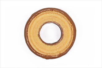 Round slice of traditional German layered winter cake called Baumkuchen glazed with chocolate showing thin layers inside of cake isolated on white background