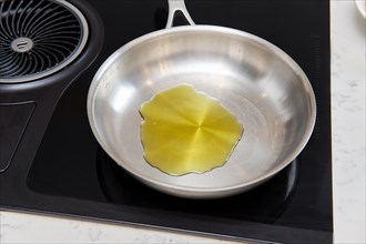 Metal frying pan with olive oil on the stove