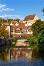 Half-timbered houses from the medieval town with Sulfer Steg on the Kocher River in Schwaebisch Hall