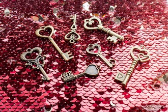 Heart shaped retro metal keys on bright background