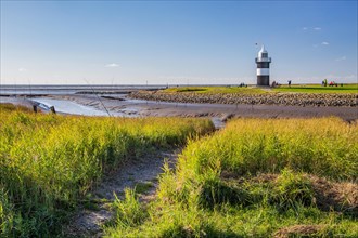 Tidal creek with lighthouse Kleiner Preusse on the Wadden Sea at the mouth of the Weser