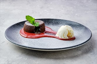 Classic chocolate fondant with ice cream on a plate