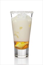 Coconut cream and rum cocktail in highball glass isolated on white. Pina colada drink