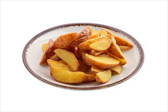 Plate with fried potato wedges isolated on white background